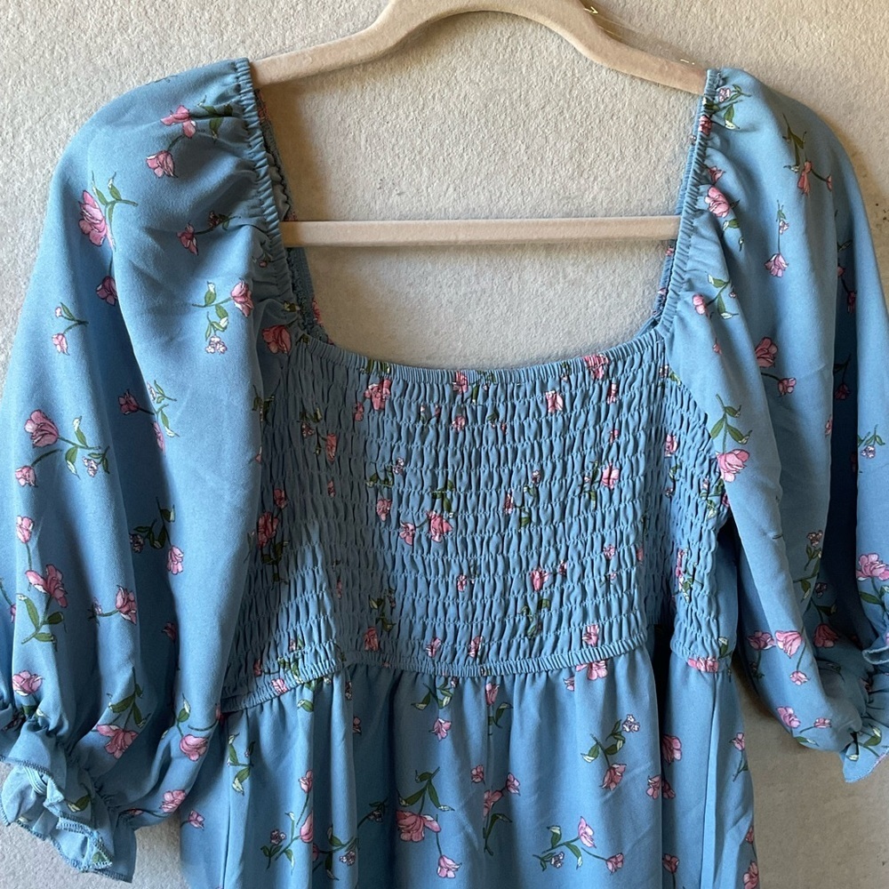 Inspired Hearts Floral Blue Dress. NWT Tiered skirt. Puffy sleeves. Size L. - Picture 7 of 9